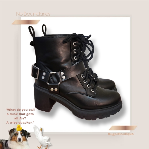 🌿No Boundaries Size 7 Wide Black Faux Leather Moto Boots Chunky Block Heels - Picture 14 of 15